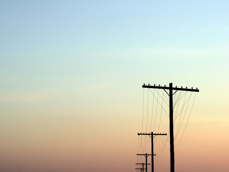 Silhouetted power lines at dusk
