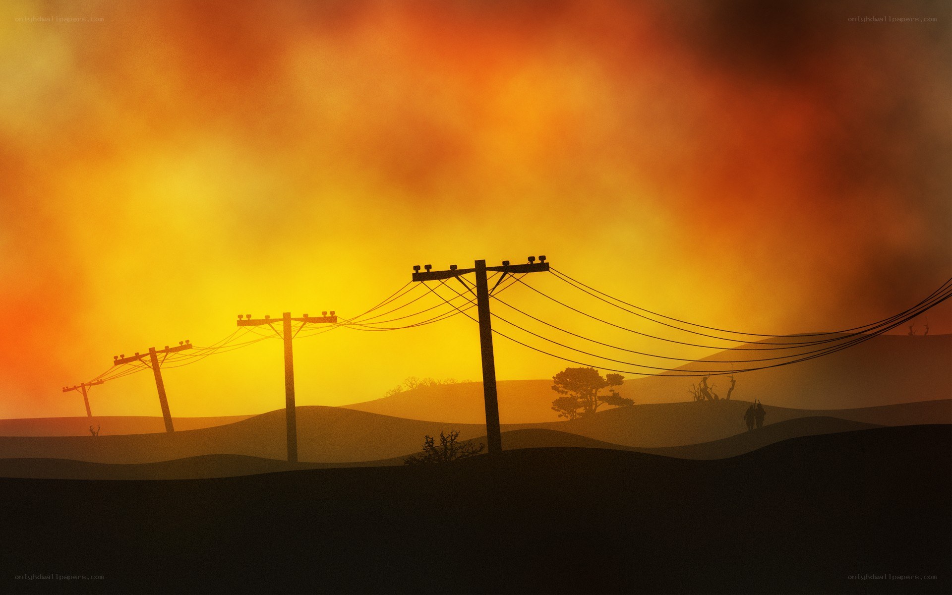 Silhouetted power lines at sunset