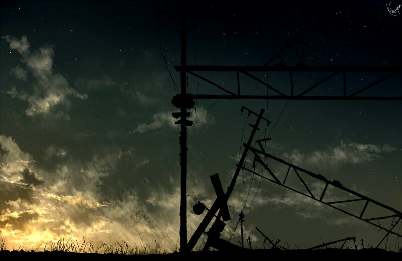 Silhouetted Power Lines — Black, Dramatic, Night