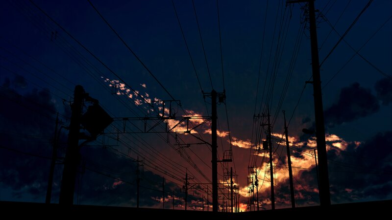 Silhouetted Power Lines — Blue, Dramatic, Sunset, Digital Art