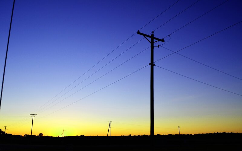 Silhouetted Power Lines — Blue, Serene, Sunset, Photograph, Power Poles