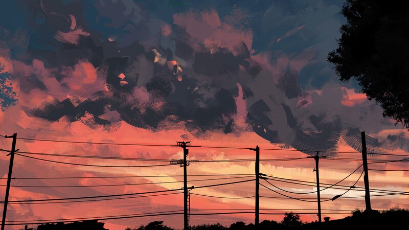 Silhouetted Power Lines — Orange, Dramatic, Sunset, Digital Art, Power Lines, Clouds