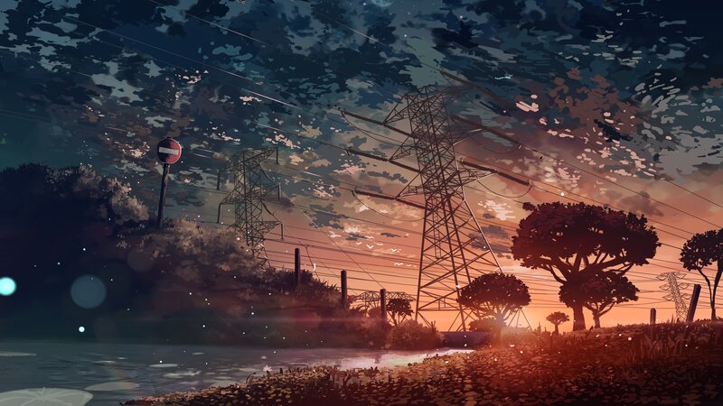 Silhouetted Power Lines — Orange, Dramatic, Sunset, Digital Art