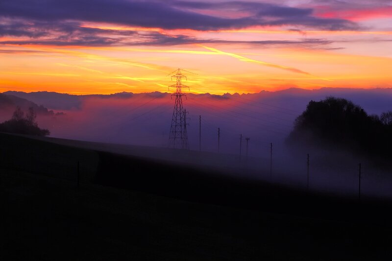 Silhouetted Power Lines — Orange, Dramatic, Sunset, Photograph, Power Line Tower