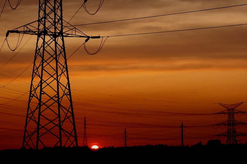 Silhouetted Power Lines — Orange, Dramatic, Sunset, Photograph, Power Line Towers, Sun
