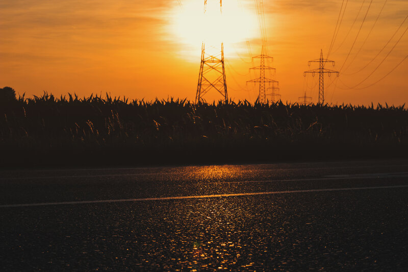 Silhouetted Power Lines — Orange, Dramatic, Sunset, Photograph, Power Lines, Cornfield
