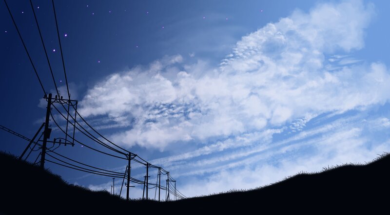 Silhouetted power lines under starry sky