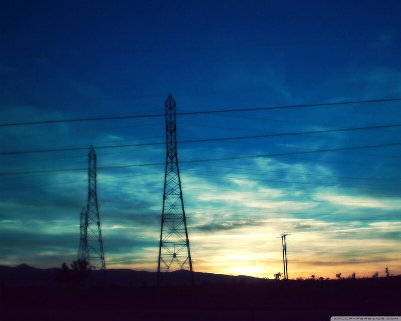 Silhouetted Power Towers — Blue, Dramatic, Sunset, Photograph, Power Lines, Mountains, Sky, Yellow
