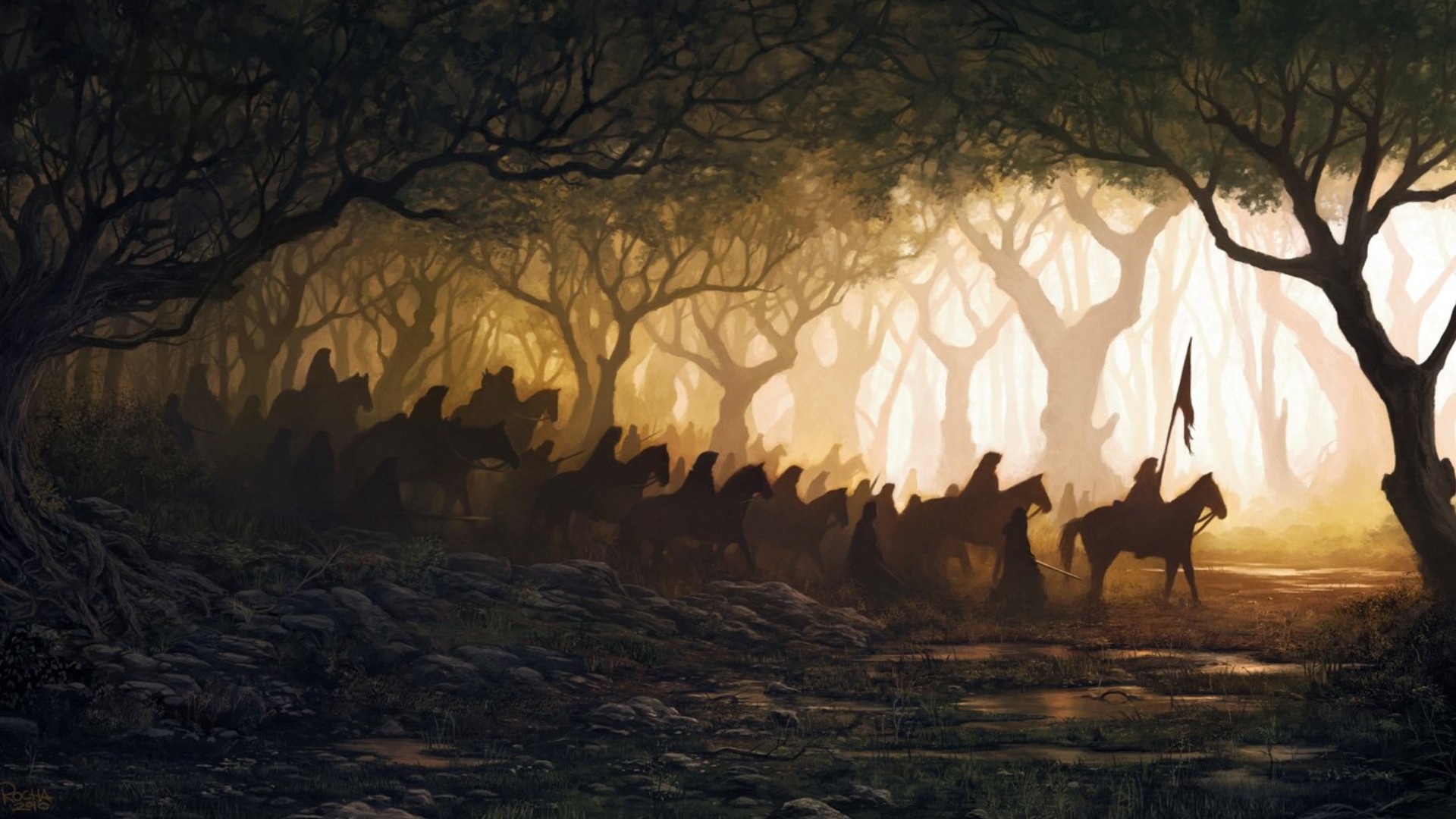 Silhouetted riders in a forest