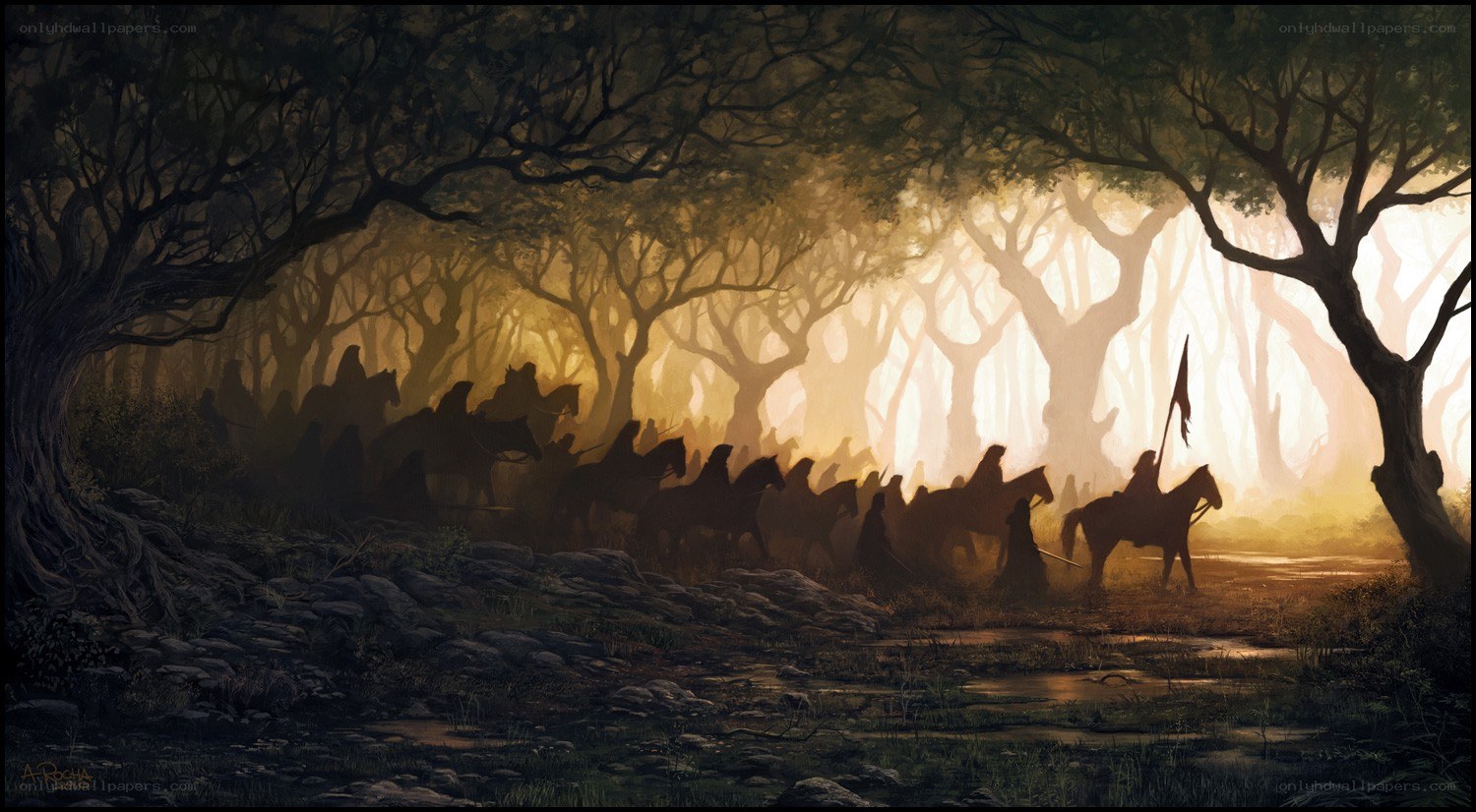 Silhouetted riders in a misty forest
