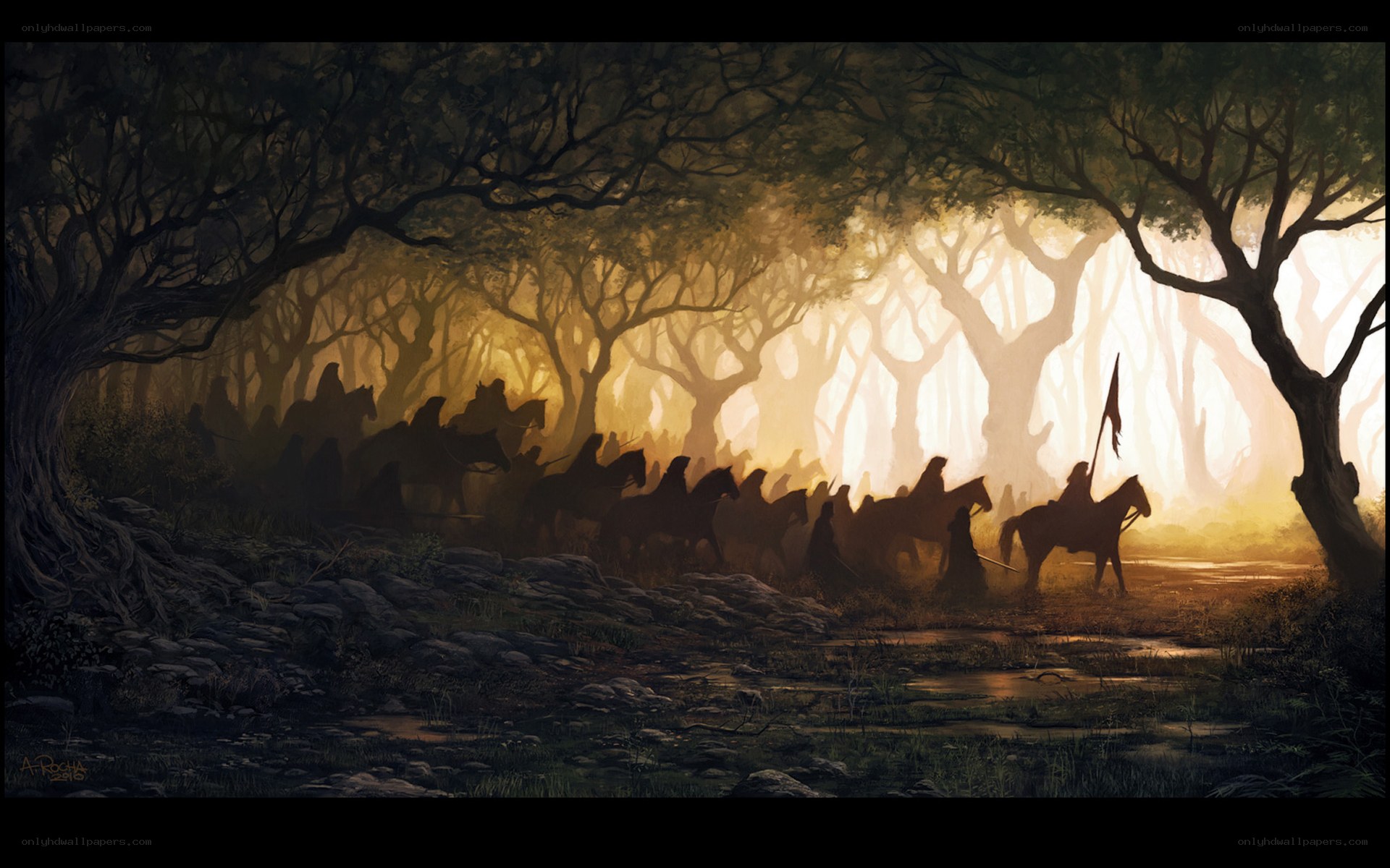 Silhouetted riders in a misty forest