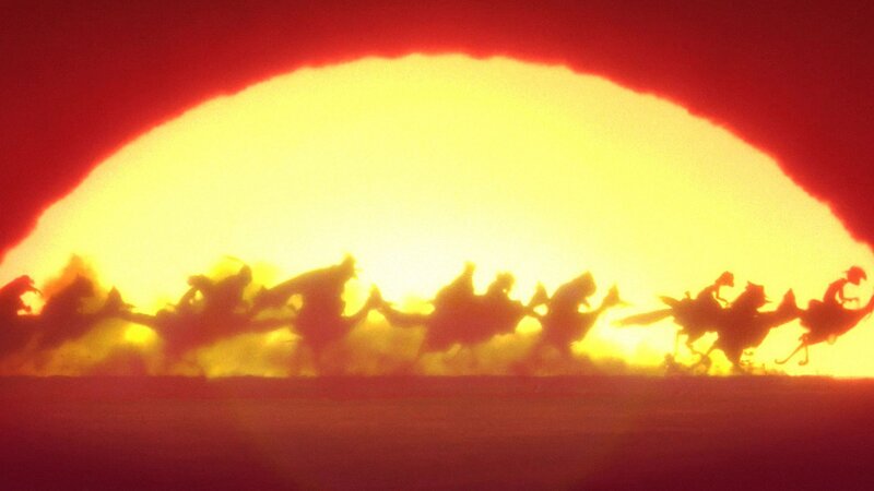 Silhouetted Riders on Camels
