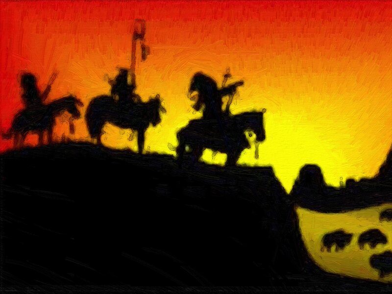 Silhouetted Riders on Horses — Red
