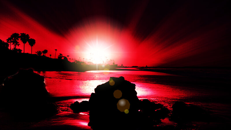 Silhouetted Rocks at Beach — Red