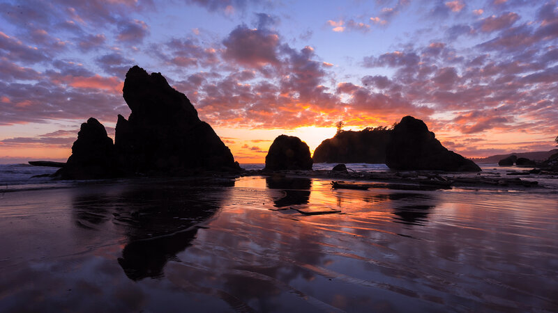 Silhouetted Rocks at Sunset — Orange, Dramatic, Photograph, Ocean, Sky