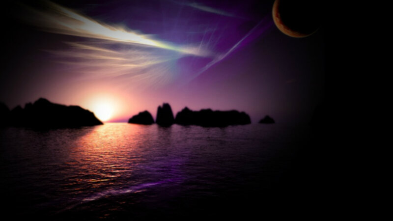 Silhouetted Rocks at Sunset — Purple, Dramatic, Digital Art, Sun