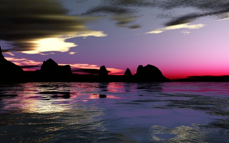 Silhouetted Rocks at Sunset — Purple, Dramatic, Digital Art