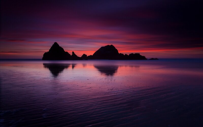 Silhouetted Rocks at Sunset — Purple, Dramatic, Photograph, Sky