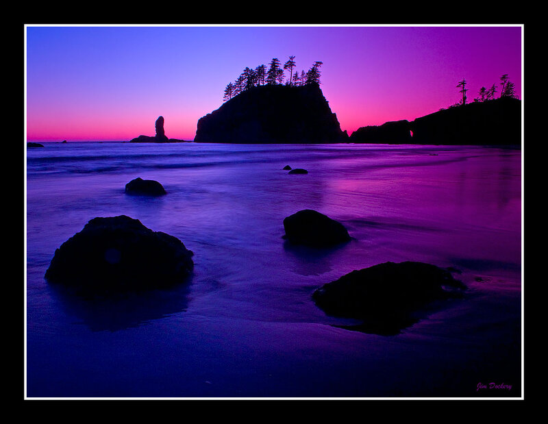 Silhouetted Rocks at Sunset — Purple, Dramatic, Photograph