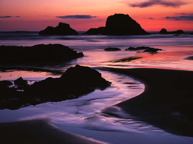Silhouetted Rocks at Sunset — Purple, Serene, Photograph, Ocean, Sky, Beach