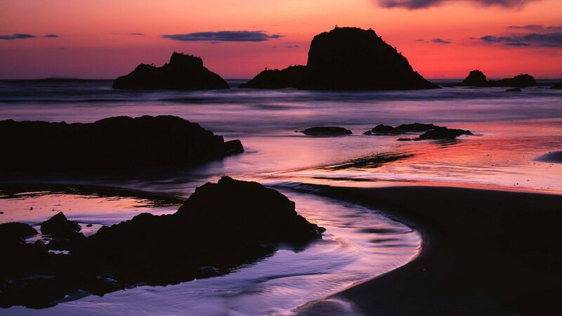 Silhouetted Rocks at Sunset — Purple, Serene, Photograph, Ocean, Sky