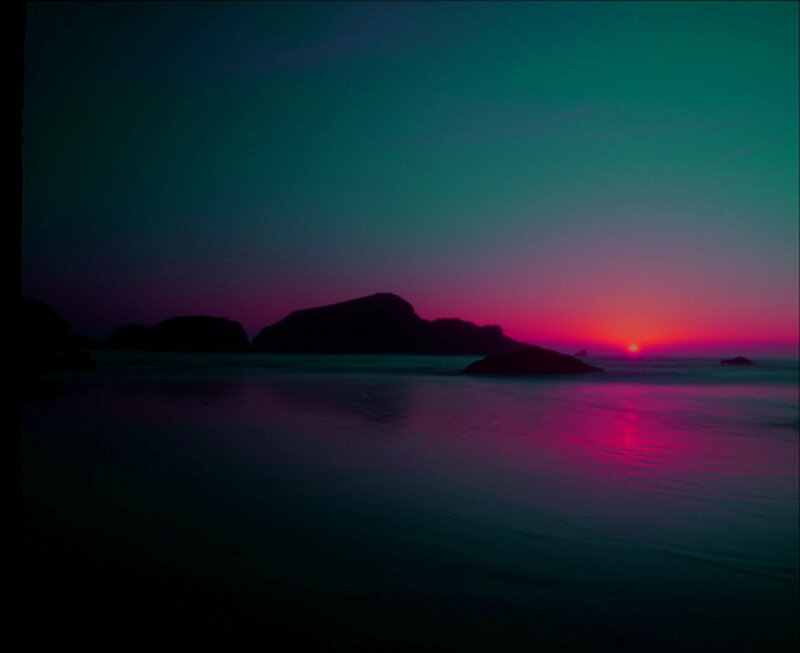Silhouetted Rocks at Sunset — Purple, Serene, Photograph