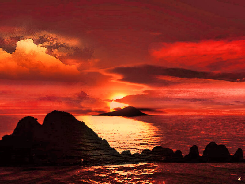 Silhouetted Rocks at Sunset — Red