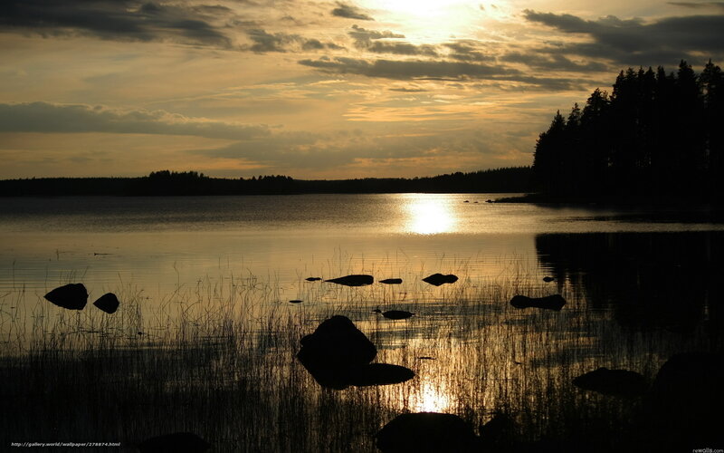 Silhouetted Rocks in Lake — Gold