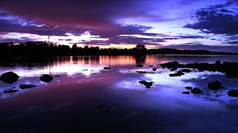 Silhouetted Rocks in Water — Purple, Dramatic