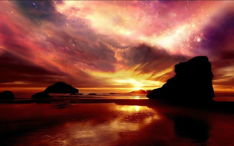 Silhouetted Rocks on Beach — Orange
