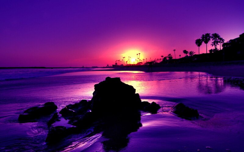 Silhouetted Rocks on Beach — Purple, Dramatic