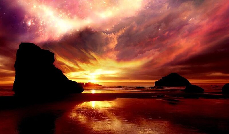 Silhouetted Rocks on Beach — Red, Dramatic, Sunset, Digital Art, Ocean, Sky, Orange