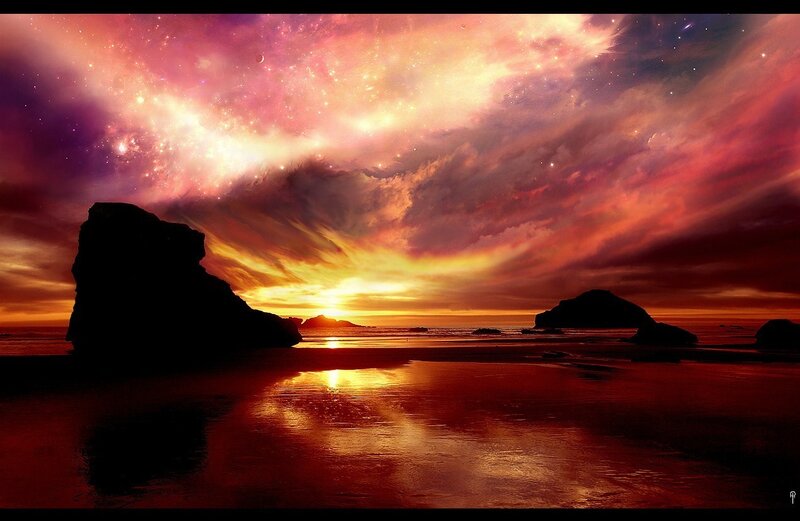 Silhouetted Rocks on Beach — Red, Dramatic, Sunset, Digital Art, Ocean