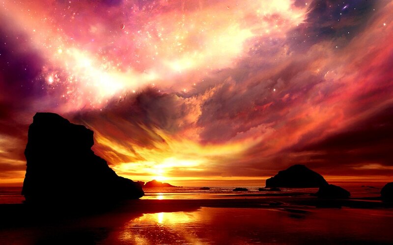 Silhouetted Rocks on Beach — Red, Dramatic, Sunset, Digital Art, Sky