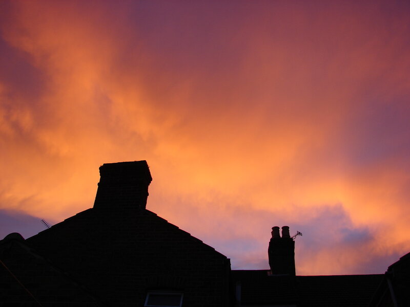 Silhouetted Rooftops — Orange, Dramatic, Sunset, Photograph, Chimneys