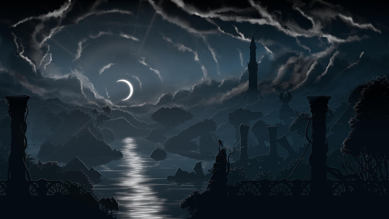 Silhouetted Ruins at Night