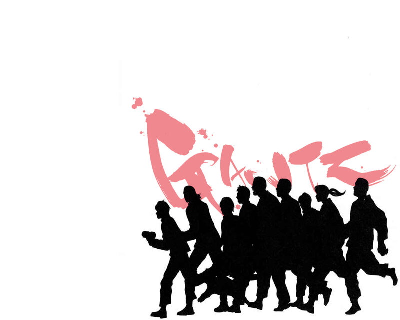 silhouetted runners with graffiti