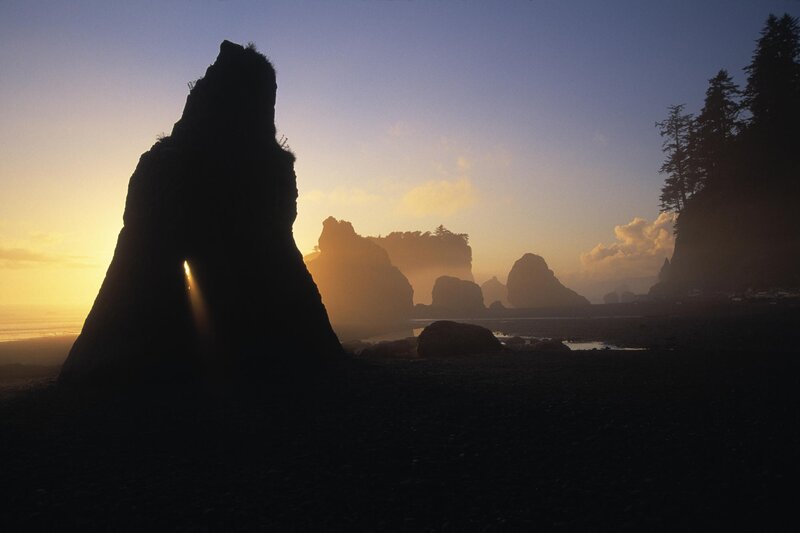 Silhouetted Sea Stacks — Blue, Serene, Sunrise
