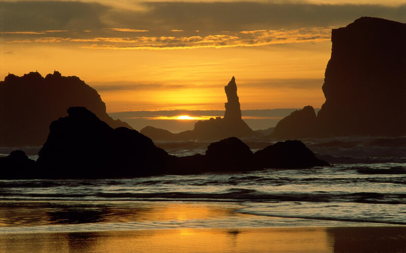 Silhouetted Sea Stacks — Orange, Dramatic, Sunset, Photograph, Sun, Ocean, Sky