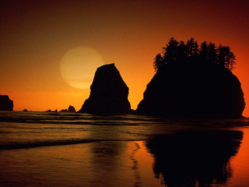 Silhouetted Sea Stacks — Orange, Dramatic, Sunset, Photograph, Sun, Ocean