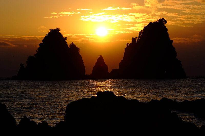 Silhouetted Sea Stacks — Orange, Dramatic, Sunset, Photograph, Sun