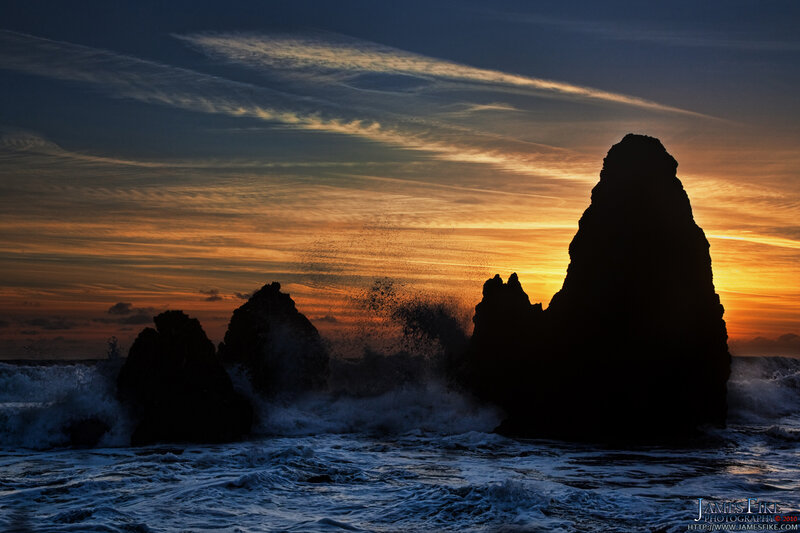 Silhouetted Sea Stacks — Orange, Dramatic, Sunset, Photograph
