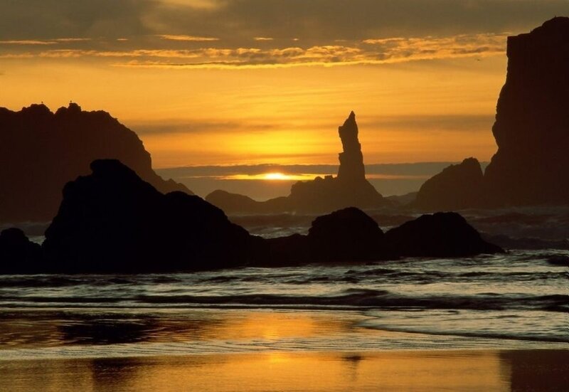 Silhouetted Sea Stacks — Orange, Dramatic