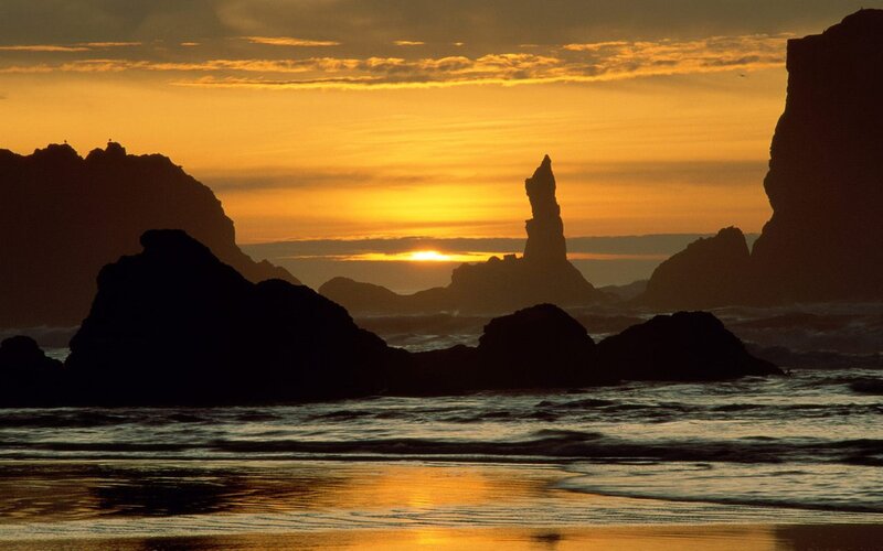 Silhouetted Sea Stacks — Orange, Serene, Sunset, Photograph, Ocean, Sky