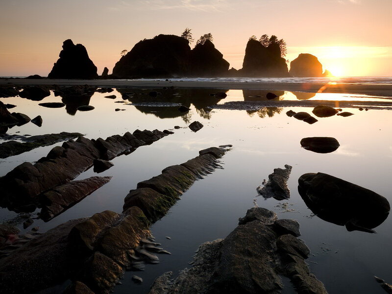Silhouetted Sea Stacks — Orange, Serene, Sunset, Photograph
