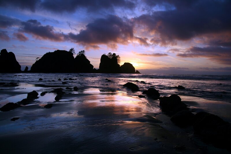Silhouetted Sea Stacks — Purple, Dramatic, Sunset, Photograph, Ocean
