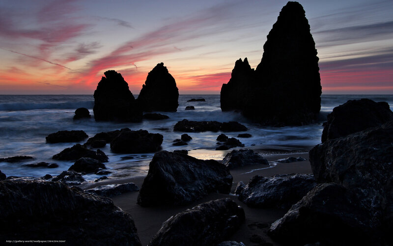 Silhouetted Sea Stacks — Purple, Dramatic, Sunset, Photograph