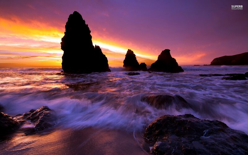 Silhouetted Sea Stacks — Purple, Dramatic