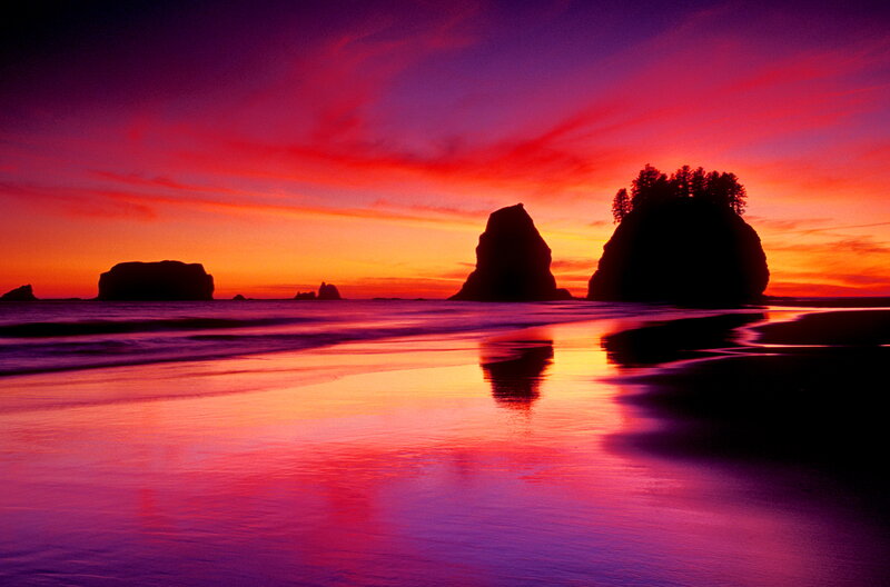 Silhouetted Sea Stacks — Red, Dramatic, Sunset, Photograph, Beach