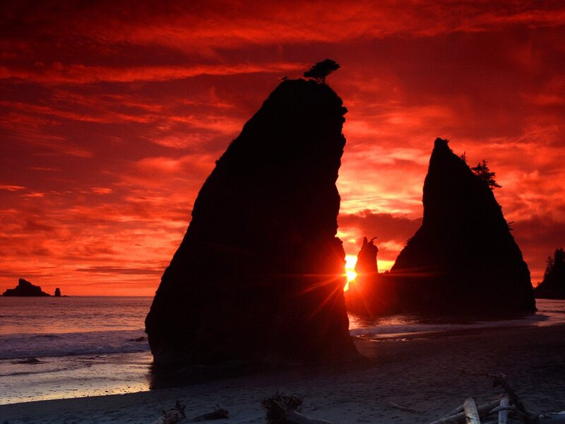 Silhouetted Sea Stacks — Red, Dramatic, Sunset, Photograph, Sun, Beach